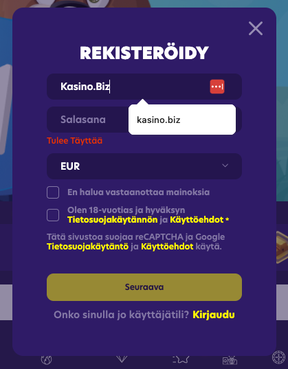 Bingo Bonga Casino rekisteröintinäyttö